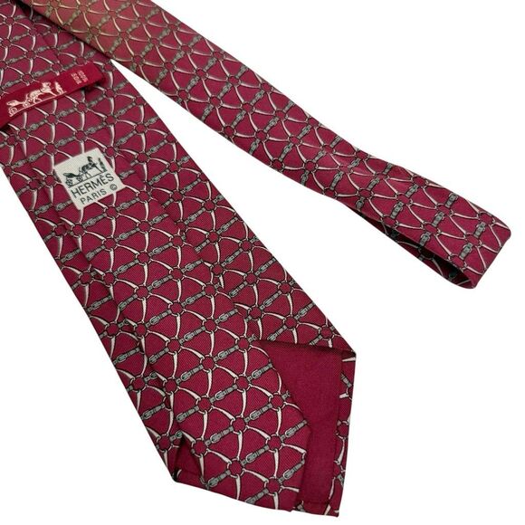Hermes Paris Men's Maroon Buckle Pattern 100% Silk Neck Tie One Size - Picture 1 of 7